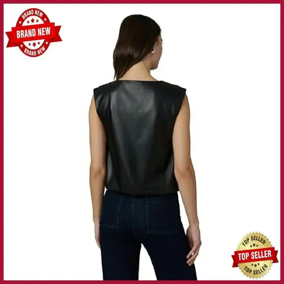 Vegan Leather Sleeveless Tee with Strong Shoulder Detailing and Bubble Hem